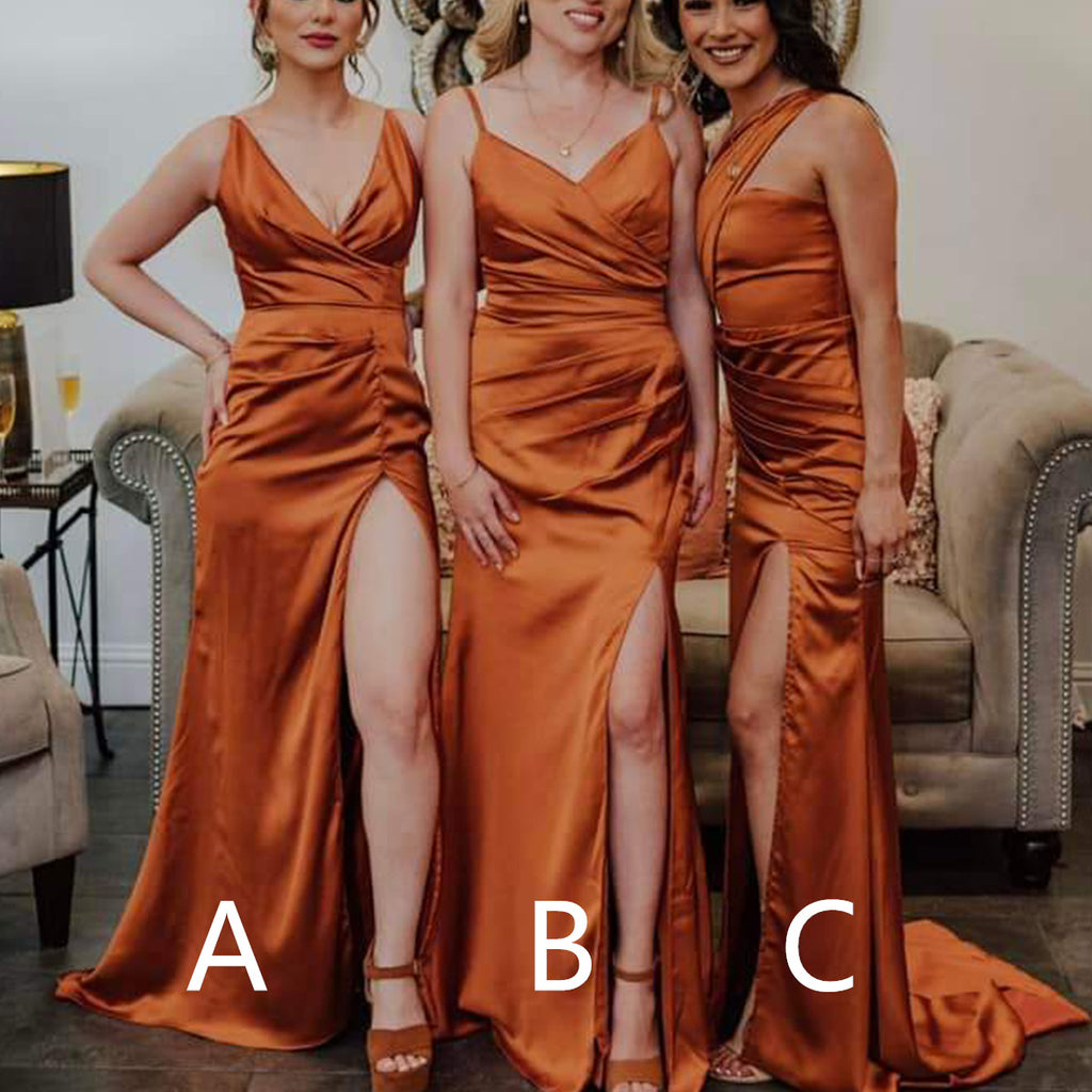 Mismatched Spaghetti Straps V-neck Mermaid Side Slit Satin Burnt Orange Long Bridesmaid Dresses Online, BG740