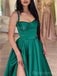 Elegant Spaghetti Straps Side Slit A-line Satin Dark Green Evening Prom Dress Online, OL084