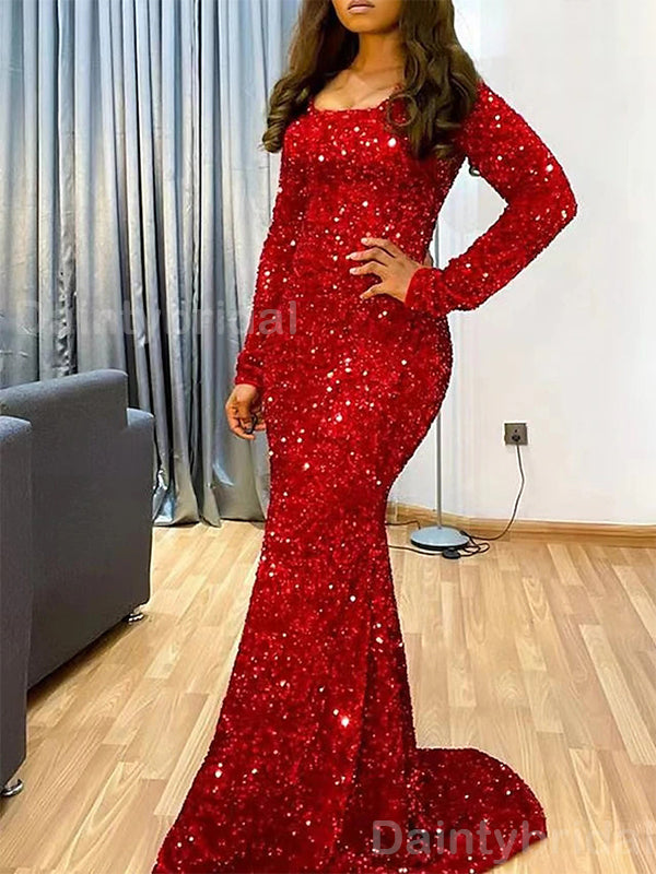 Sparkly Mermaid Sequins Red Long Sleeves Long Evening Prom Dress Online, OL075