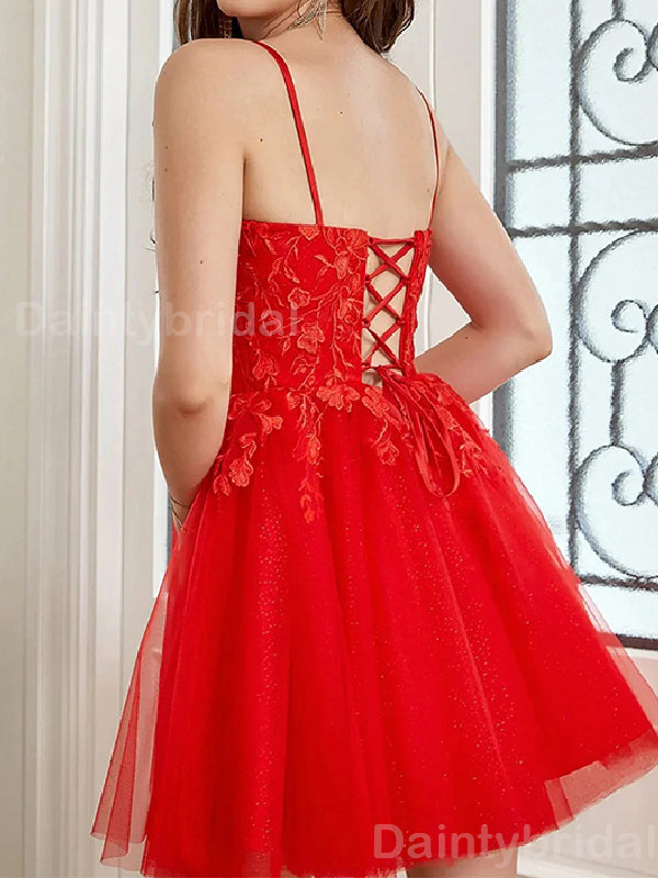 Elegant Spaghetti Straps A-line Tulle Red Short Homecoming Dresses Online, HD0677