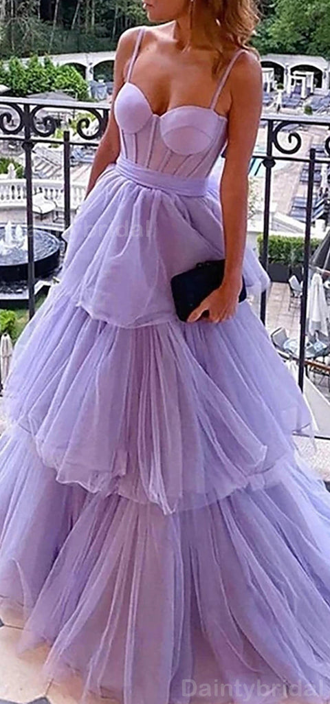 Elegant Spaghtti Straps A-line Tulle Lilac Applique Side Slit Evening Prom Dress Online, OL069