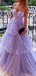 Elegant Spaghtti Straps A-line Tulle Lilac Applique Side Slit Evening Prom Dress Online, OL069