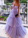 Elegant Spaghtti Straps A-line Tulle Lilac Applique Side Slit Evening Prom Dress Online, OL069