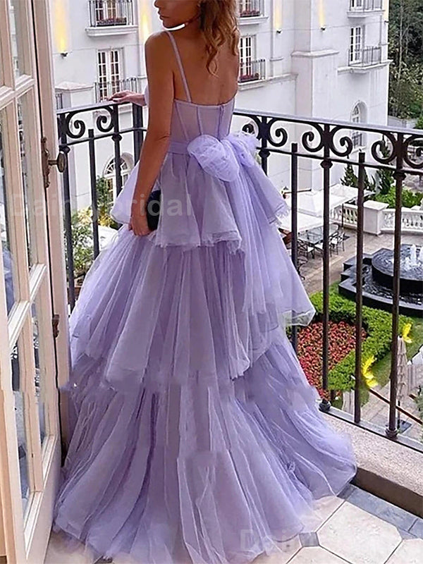 Elegant Spaghtti Straps A-line Tulle Lilac Applique Side Slit Evening Prom Dress Online, OL069