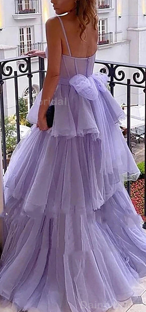 Elegant Spaghtti Straps A-line Tulle Lilac Applique Side Slit Evening Prom Dress Online, OL069