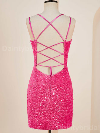 Sparkly Spaghetti Straps V-neck Mermaid Sequins Short Homecoming Dresses Online, HD0736