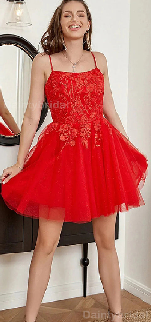 Elegant Spaghetti Straps A-line Tulle Red Short Homecoming Dresses Online, HD0677