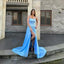 Elegant Spaghetti Straps Side Slit Mermaid Satin Sky Blue Long Bridesmaid Dresses Online, BG756