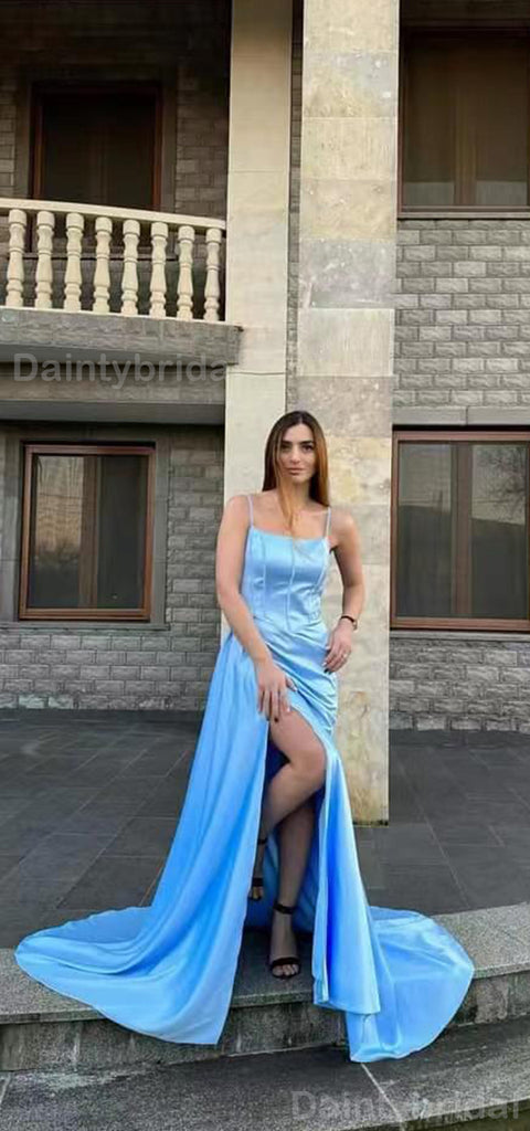 Elegant Spaghetti Straps Side Slit Mermaid Satin Sky Blue Long Bridesmaid Dresses Online, BG756