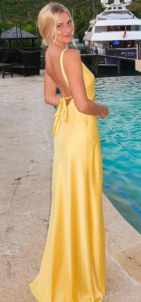 Elegant Spaghetti Straps V-neck Side Slit Column Satin Lemon Evening Prom Dress Online, OL085