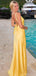 Elegant Spaghetti Straps V-neck Side Slit Column Satin Lemon Evening Prom Dress Online, OL085