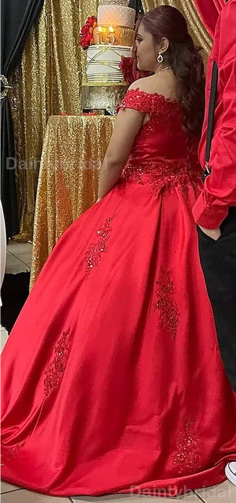 Elegant Off Shoulder A-line Satin Red Long Evening Prom Dress Online, OL050