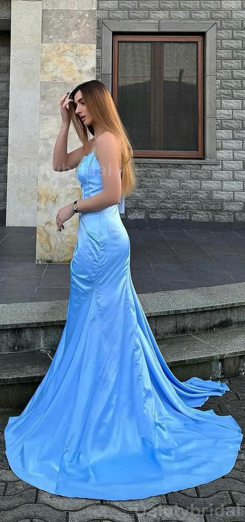 Elegant Spaghetti Straps Side Slit Mermaid Satin Sky Blue Long Bridesmaid Dresses Online, BG756