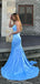 Elegant Spaghetti Straps Side Slit Mermaid Satin Sky Blue Long Bridesmaid Dresses Online, BG756