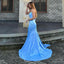 Elegant Spaghetti Straps Side Slit Mermaid Satin Sky Blue Long Bridesmaid Dresses Online, BG756