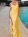 Elegant Spaghetti Straps V-neck Side Slit Column Satin Lemon Evening Prom Dress Online, OL085