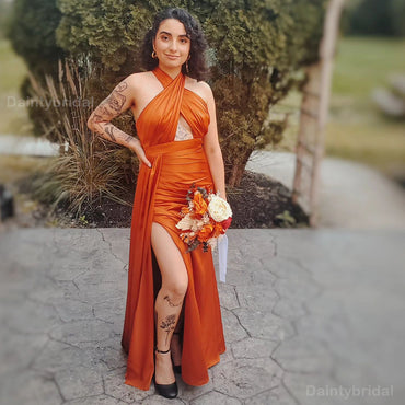 Elegant Side Slit Halter Mermaid Burnt Orange Long Satin Bridesmaid Dresses Online, BG722