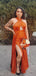 Elegant Side Slit Halter Mermaid Burnt Orange Long Satin Bridesmaid Dresses Online, BG722