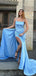 Elegant Spaghetti Straps Mermaid Satin Blue Side Slit Long Bridesmaid Dresses Online, BG767