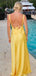 Elegant Spaghetti Straps V-neck Side Slit Column Satin Lemon Evening Prom Dress Online, OL085