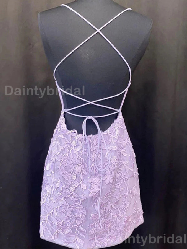 Elegant Spaghetti Straps A-line Lilac Applique Short Homecoming Dresses Online, HD0678