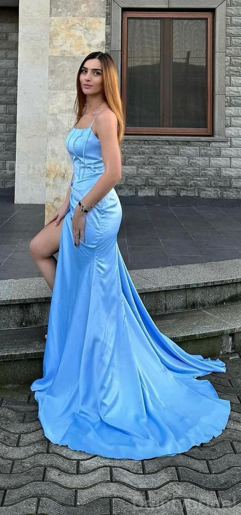 Elegant Spaghetti Straps Mermaid Satin Blue Side Slit Long Bridesmaid Dresses Online, BG767