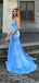 Elegant Spaghetti Straps Mermaid Satin Blue Side Slit Long Bridesmaid Dresses Online, BG767