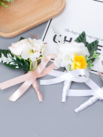 Wedding Men Boutonniere Groomsman Brooch Mori Flowers Green Leaves, CG6691