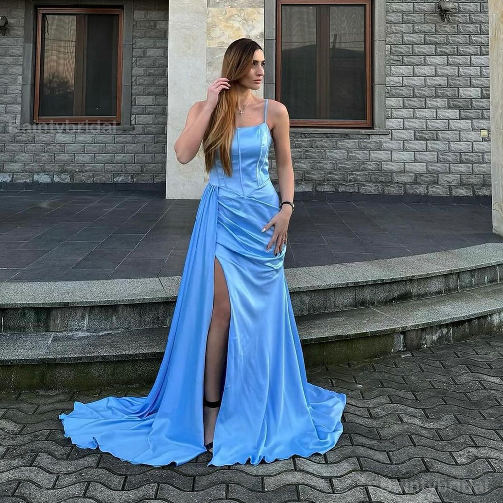 Elegant Spaghetti Straps Mermaid Satin Blue Side Slit Long Bridesmaid Dresses Online, BG767