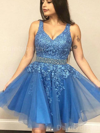 Elegant V-neck Sleeveless A-line Tulle Applique Short Homecoming Dresses Online, HD0671