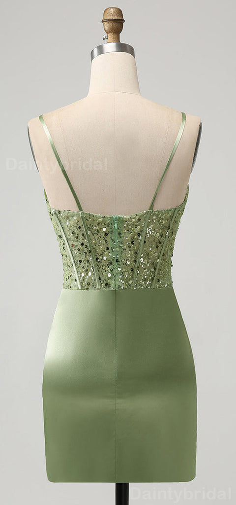 Elegant Spaghetti Straps Mermaid Sequins Sage Satin Short Homecoming Dresses Online, HD0699