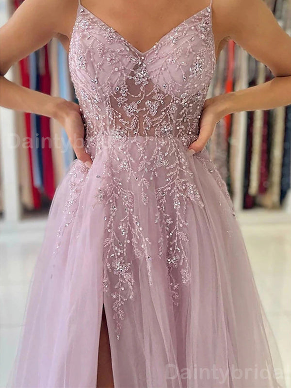 Sparkly Spaghtti Straps V-neck A-line Side Slit Dusty Rose Tulle Evening Prom Dress Online, OL065