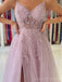 Sparkly Spaghtti Straps V-neck A-line Side Slit Dusty Rose Tulle Evening Prom Dress Online, OL065