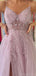 Sparkly Spaghtti Straps V-neck A-line Side Slit Dusty Rose Tulle Evening Prom Dress Online, OL065