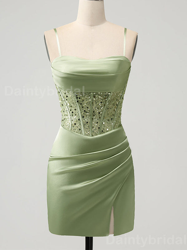 Elegant Spaghetti Straps Mermaid Sequins Sage Satin Short Homecoming Dresses Online, HD0699