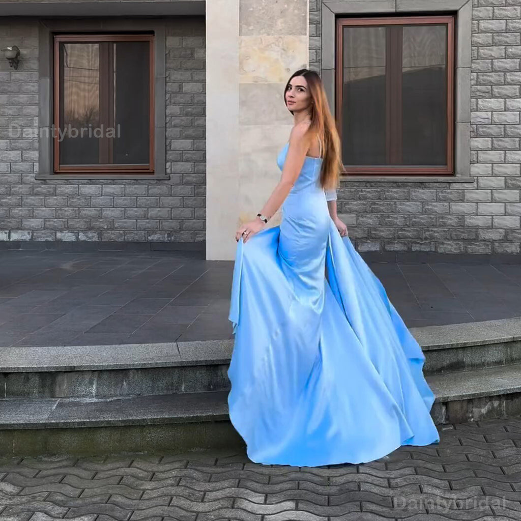 Elegant Spaghetti Straps Side Slit Mermaid Satin Sky Blue Long Bridesmaid Dresses Online, BG756