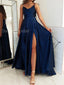 Elegant Spaghetti Straps Side Slit A-line Satin Dark Navy Long Evening Prom Dress Online, OL086