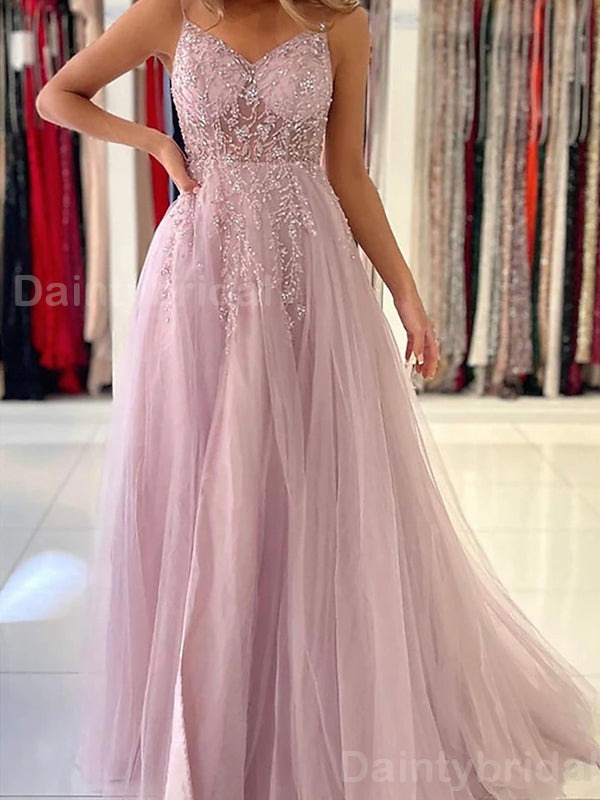 Sparkly Spaghtti Straps V-neck A-line Side Slit Dusty Rose Tulle Evening Prom Dress Online, OL065