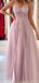 Sparkly Spaghtti Straps V-neck A-line Side Slit Dusty Rose Tulle Evening Prom Dress Online, OL065