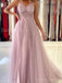 Sparkly Spaghtti Straps V-neck A-line Side Slit Dusty Rose Tulle Evening Prom Dress Online, OL065