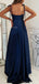 Elegant Spaghetti Straps Side Slit A-line Satin Dark Navy Long Evening Prom Dress Online, OL086