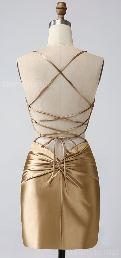 Elegant Gold Mermaid V-neck Spaghetti Straps Short Satin Homecoming Dresses Online, HD0701