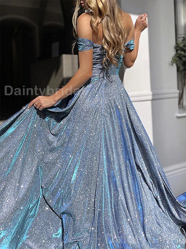 Sparkly Off Shoulder A-line Side Slit Long Evening Prom Dress Online, OL070