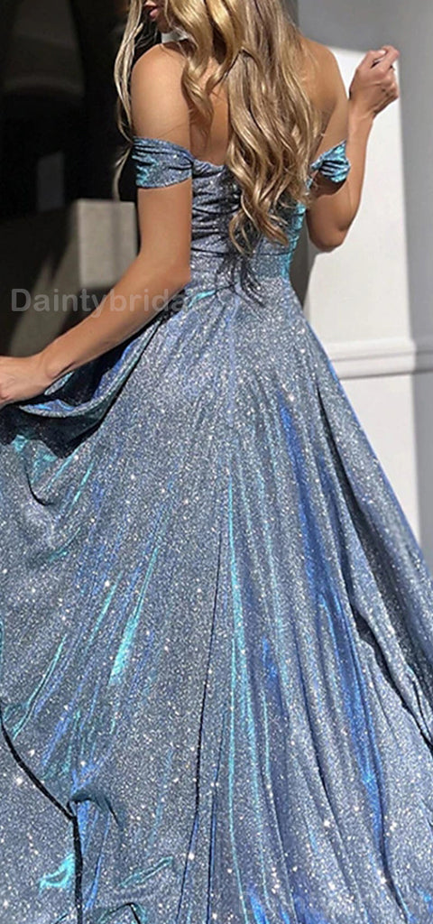 Sparkly Off Shoulder A-line Side Slit Long Evening Prom Dress Online, OL070