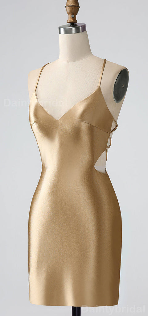 Elegant Gold Mermaid V-neck Spaghetti Straps Short Satin Homecoming Dresses Online, HD0701