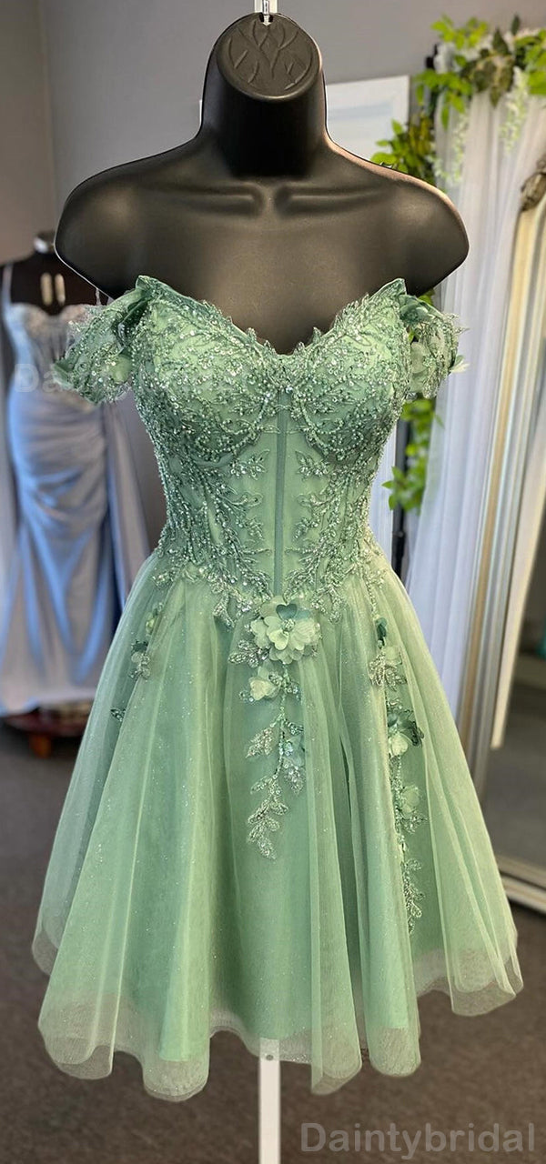 Elegant Off Shoulder A-line Tulle Dusty Sage Short Homecoming Dresses – DaintyBridal
