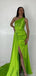 Elegant One Shoulder Side Slit Mermaid Satin Lime Green Long Bridesmaid Dresses Online, BG757