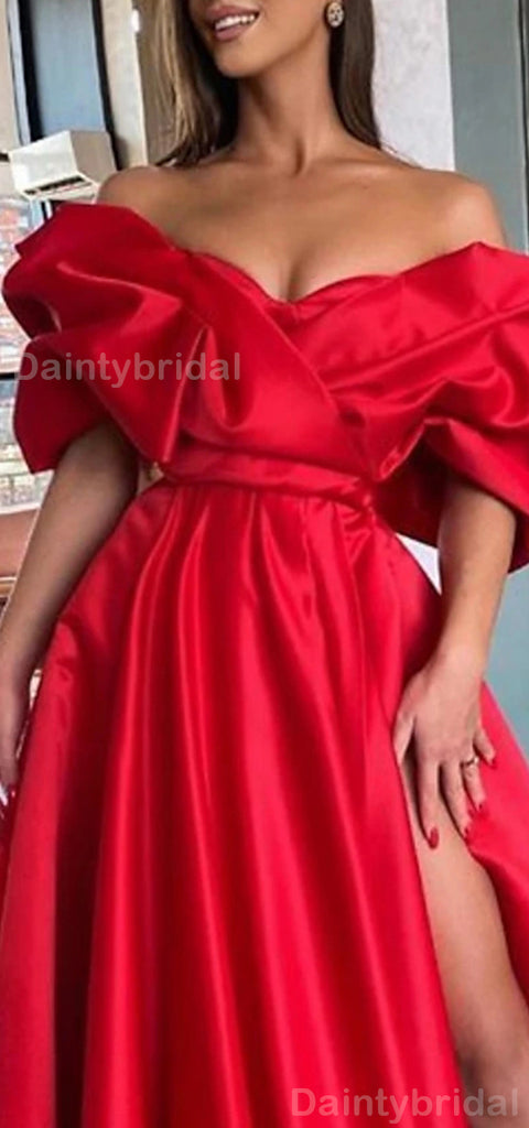 Gorgeous A-line Off Shoulder Side Slit Satin Red Long Evening Prom Dress Online, OL077