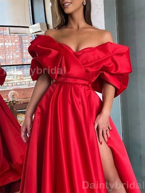 Gorgeous A-line Off Shoulder Side Slit Satin Red Long Evening Prom Dress Online, OL077