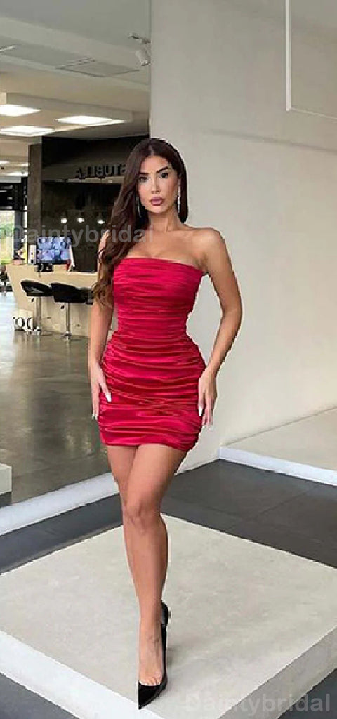 Elegant Straight Neck Mermaid Red Satin Short Homecoming Dresses Online, HD0679